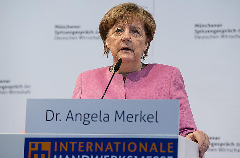 Bundeskanzlerin Angela Merkel (CDU) am Freitag beim Spitzengespräch der deutschen Wirtschaft im Rahmen der Heim- und Handwerkmesse in München.