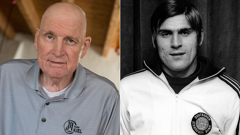 Lorenz Funk 1971 als Eishockey-Nationalspieler (rechts) und 2016, ein Jahr vor seinem Tod.