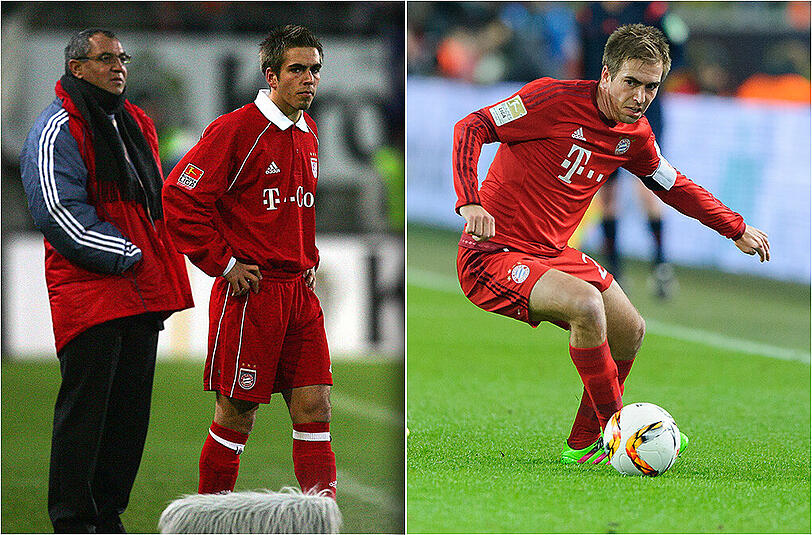 Sein erstes BL-Partie für den FC Bayern: Lahm wird am 19. November 2005 gegen Arminia Bielefeld eingewechselt (l.). Rechts Lahm beim Duell gegen Dortmund in seinem 300. Bayern-Bundesliga-Spiel.