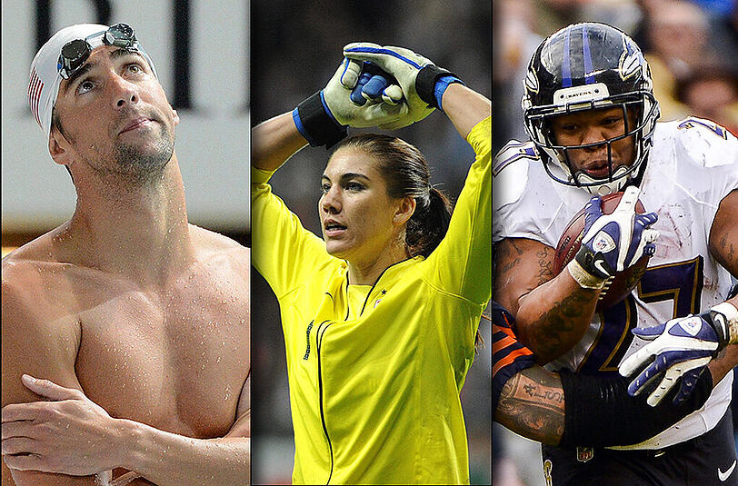 US-Sportstars im Konflikt mit dem Gesetz: Schwimmer Michael Phelps, Fußballerin Hope Solo und Footballer Ray Rice müssen sich vor Gericht verantworten.