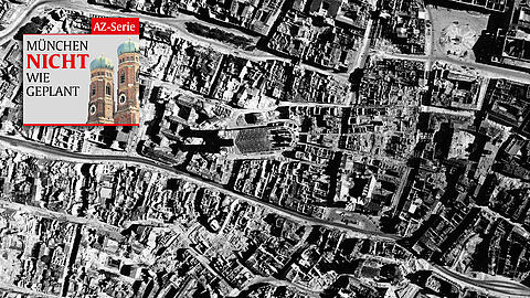 Ein Bild der Verwüstung: eine Luftaufnahme der Münchner Altstadt nach dem Zweiten Weltkrieg. Die Zerstörung war so groß, dass man überlegte, die Stadt woanders neu aufzubauen.