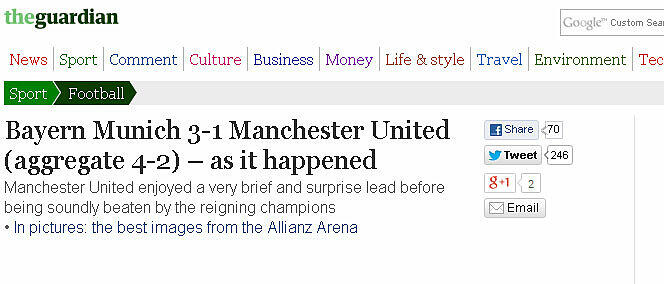 Sehr nüchtern berichtet "The Guardian": "Bayern München 3-1 Manchester United - wie es dazu kam."