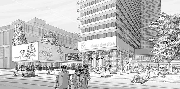 "Munich Media Hub" nennt der BR das Projekt, das im Sockel des Hochhauses an der Arnulfstraße entstehen soll. Nach der Umstrukturierung des Stammgeländes soll hier ein Ausbildungscampus für Medienberufe untergebracht werden.