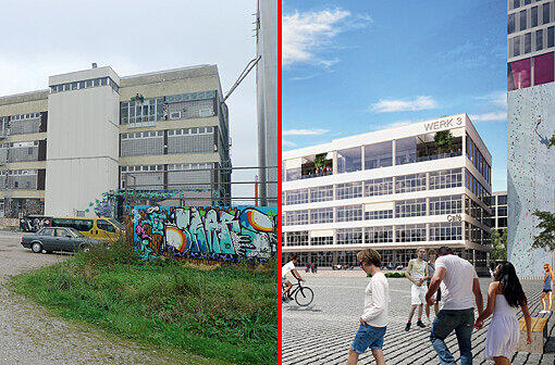 Links: So sieht das Werk heute aus. Rechts: So soll das Gebäude in Zukunft aussehen.