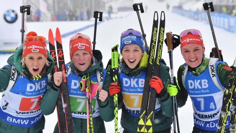 Karolin Horchler, Franziska Hildebrand, Franziska Preuß und Denise Herrmann (l-r) wurden in Oberhof Zweite. Karolin Horchler, Franziska Hildebrand, Franziska Preuß und Denise Herrmann (l-r) wurden in Oberhof Zweite.