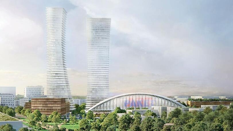 Entwurf für die neue Paketposthalle mit ihren 155 Meter hohen Türmen.