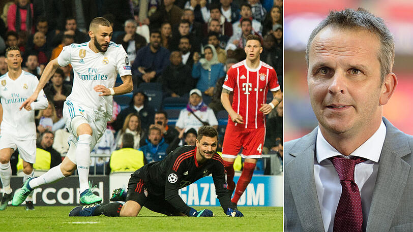 1. Mai 2018, Halbfinal-Rückspiel der Champions League: Der FC Bayern scheitert auf spektakuläre Weise am späteren Titelträger Real Madrid - dem 1:2 daheim folgte ein 2:2. Karim Benzema (Mitte) geht an Bayern-Keeper Sven Ulreich vorbei und erzielt das Tor zum 2:1. Rechts Sky-Experte Didi Hamann.