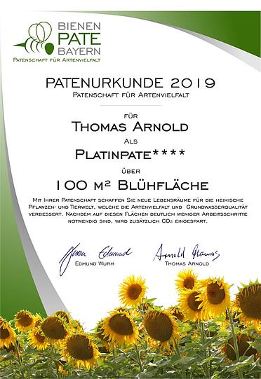 So sehen die Urkunden der Blühpaten von Bienen-Pate-Bayern aus.
