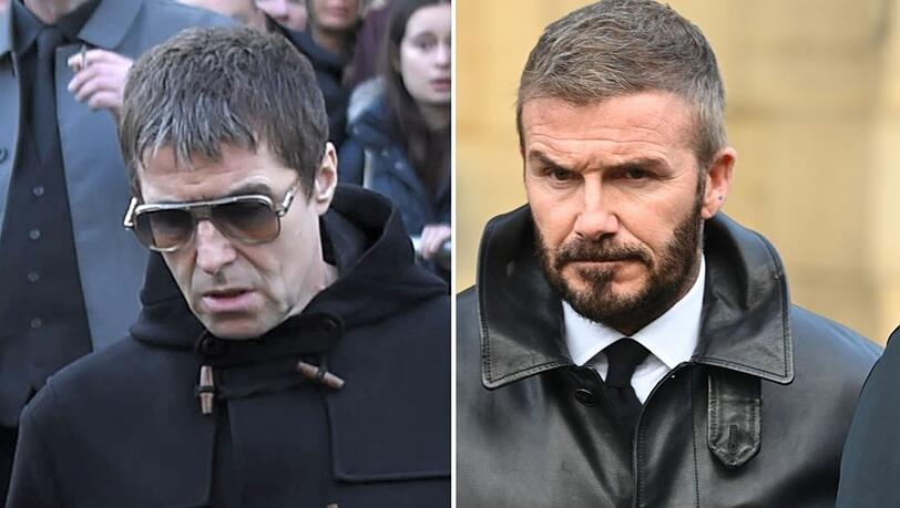 Liam Gallagher (l.) und David Beckham nahmen an der Beerdigung von Gary "Mani" Mounfield in Manchester teil.