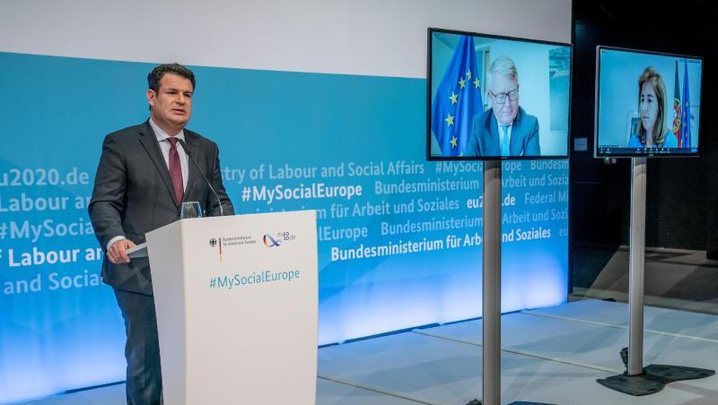 Bundesminister Hubertus Heil (SPD, l) spricht bei einer Pressekonferenz nach der Informellen Videokonferenz der EU-Arbeits- und -Sozialminister. Bundesminister Hubertus Heil (SPD, l) spricht bei einer Pressekonferenz nach der Informellen Videokonferenz der EU-Arbeits- und -Sozialminister.
