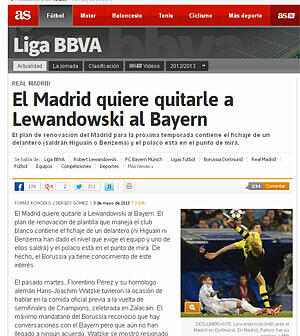 Die spanische &bdquo;as&ldquo; spekuliert über einen Wechsel von Lewandowski zu Real Madrid, wo der Pole Teil einer dringend benötigten Erneuerung des Teams sein soll.
