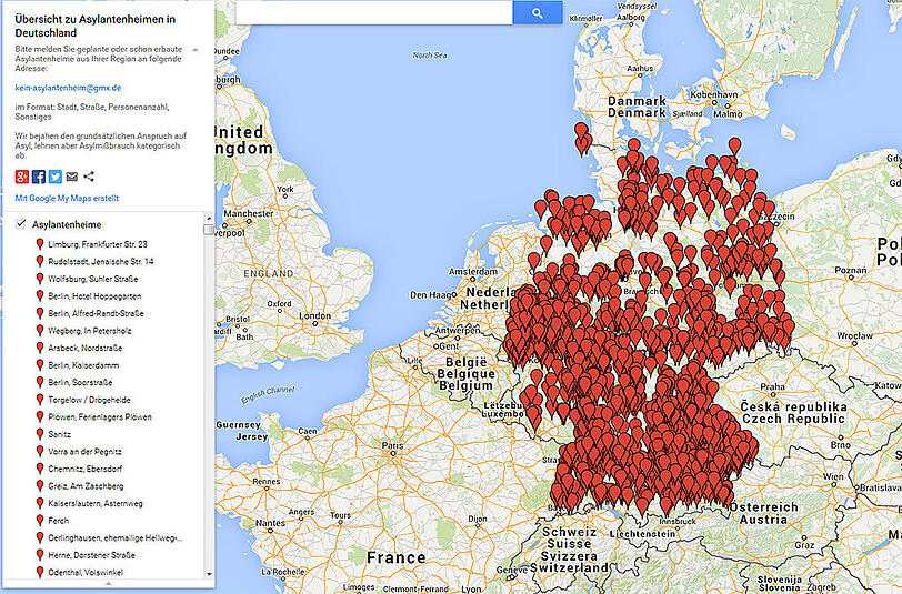 Die Asylgegner geben nicht auf. Schon wieder ist eine Karte mit Asylunterkünften in Deutschland auf Google aufgetaucht.