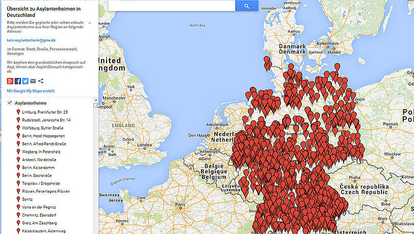 Die Asylgegner geben nicht auf. Schon wieder ist eine Karte mit Asylunterkünften in Deutschland auf Google aufgetaucht. Die Asylgegner geben nicht auf. Schon wieder ist eine Karte mit Asylunterkünften in Deutschland auf Google aufgetaucht.