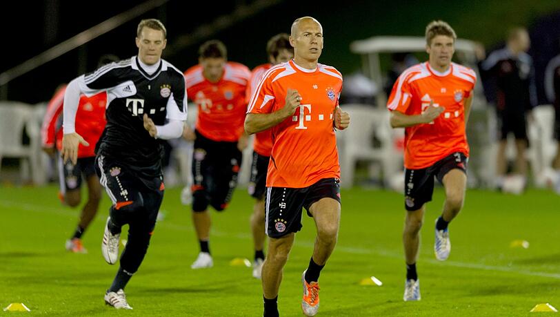 Torwart Manuel Neuner (l-r), Arjen Robben und Thomas Müller. Torwart Manuel Neuner (l-r), Arjen Robben und Thomas Müller.