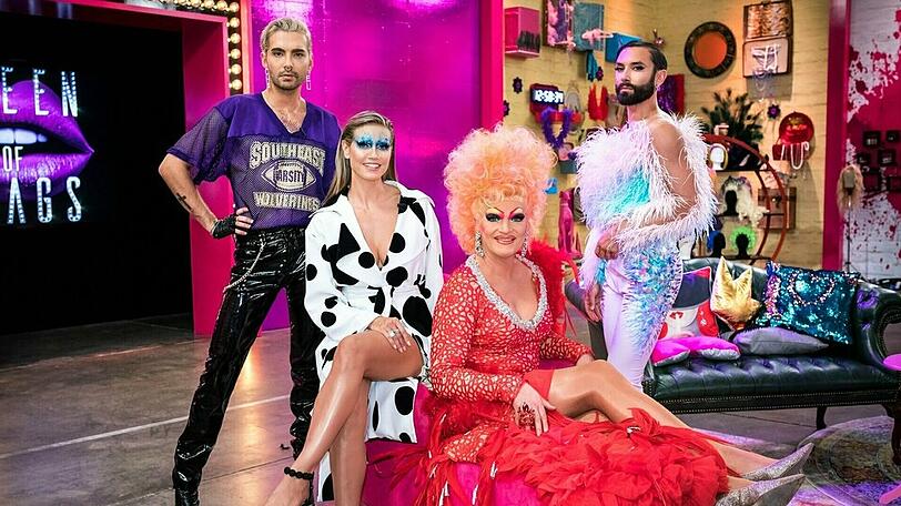 Tom Neuwirth alias Conchita Wurst (r.) mit den "Queen of Drags"-Kollegen Bill Kaulitz, Heidi Klum und Gastjurorin Olivia Jones
