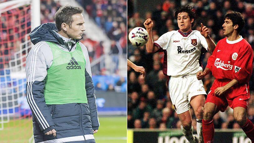 Frank Lampard im Oktober 2016 in der MLS (links) und im Februar 1999 als Profi von West Ham United im Duell mit dem deutschen Ex-Nationalspieler Karl-Heinz Riedle (FC Liverpool). Frank Lampard im Oktober 2016 in der MLS (links) und im Februar 1999 als Profi von West Ham United im Duell mit dem deutschen Ex-Nationalspieler Karl-Heinz Riedle (FC Liverpool).