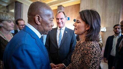 Annalena Baerbock wird von Houstons Bürgermeister Sylvester Turner empfangen. Im Hintergrund: Leipzigs Oberbürgermeister Burkhard Jung.