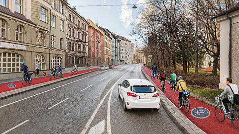 Baulich abgetrennt, rot markiert: So stellt sich der ADFC den Altstadt-Radlring in der Blumenstraße vor. Eine Autospur würde wegfallen.