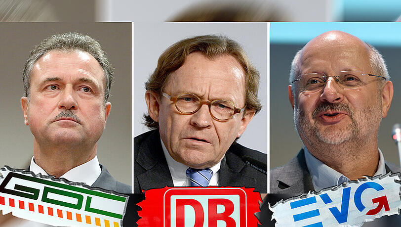 Drei in einem Boot: Bahn-Personlavorstand Ulrich Weber (Mitte) muss sich mit GDL-Chef Claus Weselsky (li.) und EVG-Chef Alexander Kirchner (re.) auf einen Tarifvertrag einigen. Drei in einem Boot: Bahn-Personlavorstand Ulrich Weber (Mitte) muss sich mit GDL-Chef Claus Weselsky (li.) und EVG-Chef Alexander Kirchner (re.) auf einen Tarifvertrag einigen.