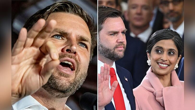"Trumps Mann fürs Grobe - Wie viel Macht hat J.D. Vance?": Vance bei einer Rede (l.) und bei der Vereidigung mit Ehefrau Usha.