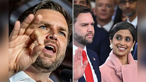 "Trumps Mann fürs Grobe - Wie viel Macht hat J.D. Vance?": Vance bei einer Rede (l.) und bei der Vereidigung mit Ehefrau Usha.
