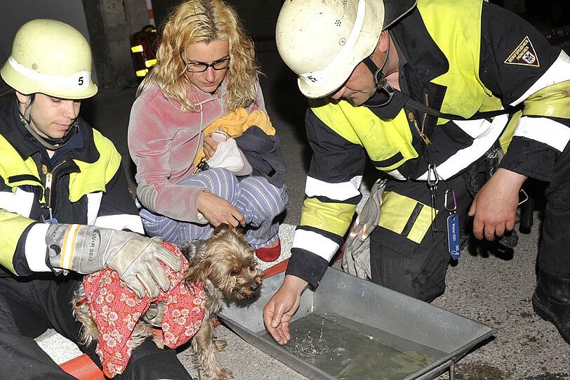 Erstmal frisches Wasser: Hund Yannick wird von den Feuerwehrleuten liebevoll betreut. Im Hintergrund kniet eine Anwohnerin.