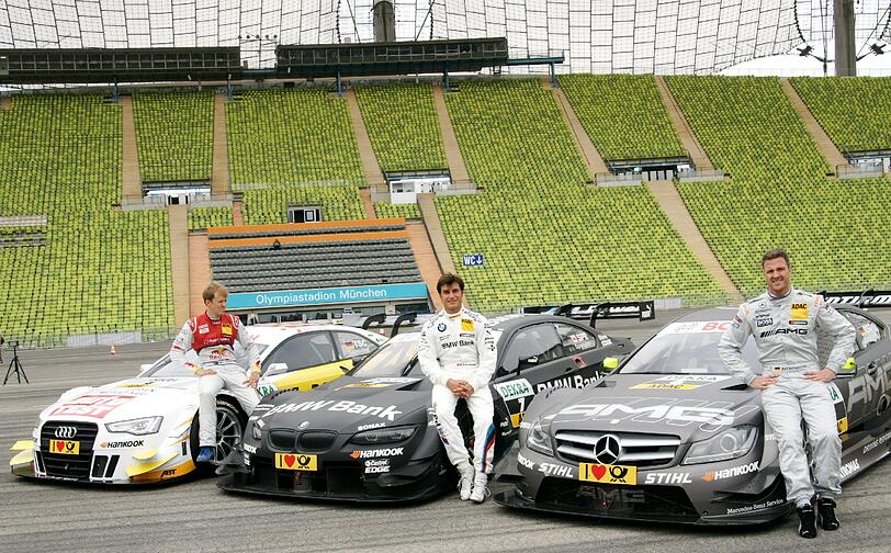 Mattias Ekström, Bruno Spengler und Ralf Schumacher im Olympiastadion. Am 14. und 15. Juli steigt das zweite DTM-Showevent in München.
