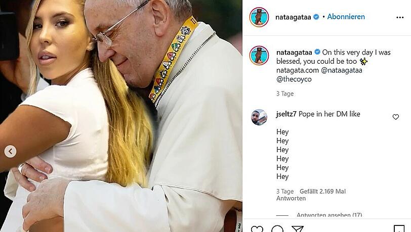 "An diesem Tag wurde ich gesegnet, du könntest es auch sein", freut sich Natalia Garibotto über den päpstlichen Like und präsentiert ihren Followern diese Montage mit Franziskus an ihrer Seite. "An diesem Tag wurde ich gesegnet, du könntest es auch sein", freut sich Natalia Garibotto über den päpstlichen Like und präsentiert ihren Followern diese Montage mit Franziskus an ihrer Seite.