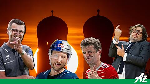 Der Klimawandel geht alle an - auch die Münchner Großklubs: Die Löwen um Trainer Köllner, den EHC mit Kapitän Hager, Bayerns Kicker um Müller und die Basketballer mit Coach Trinchieri (v.l.).