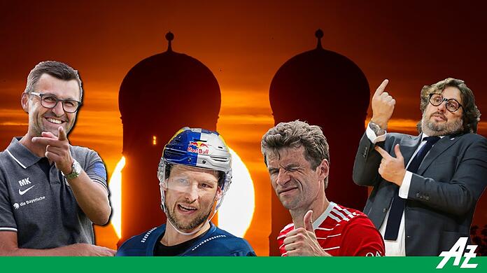 Der Klimawandel geht alle an - auch die Münchner Großklubs: Die Löwen um Trainer Köllner, den EHC mit Kapitän Hager, Bayerns Kicker um Müller und die Basketballer mit Coach Trinchieri (v.l.).