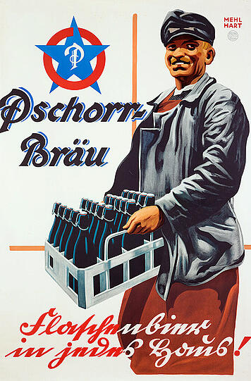 Um 1935: Und endlich gibt's auch Flaschenbier &ndash; das ordentlich beworben wird. Wie auf diesem Plakat von Josef Mehlhart: "Pschorr-Bräu Flaschenbier in jedes Haus!"