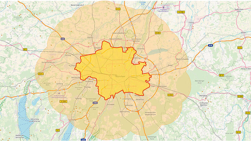 Der 15-Kilometer-Radius und wie München davon betroffen wäre. Der 15-Kilometer-Radius und wie München davon betroffen wäre.