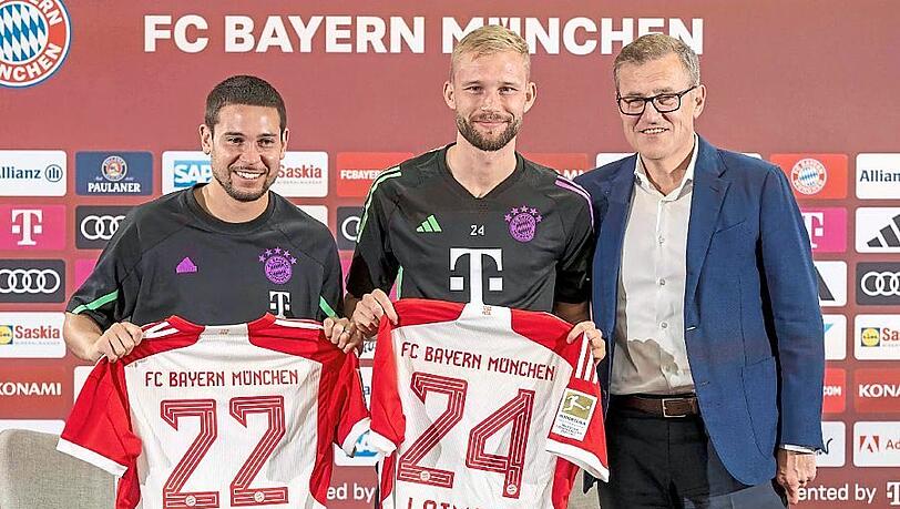 "Es sind zwei absolute Wunschspieler", sagt FC-Bayern-Vorstandschef Jan-Christian Dreesen über die Neuzugänge Raphaël Guerreiro (li.) und Konrad Laimer.