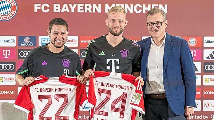 "Es sind zwei absolute Wunschspieler", sagt FC-Bayern-Vorstandschef Jan-Christian Dreesen über die Neuzugänge Raphaël Guerreiro (li.) und Konrad Laimer.