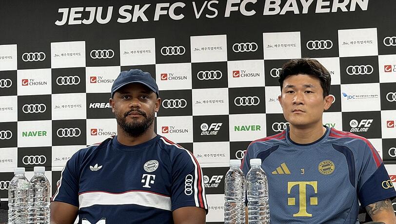 Viel Lob von Trainer Vincent Kompany (li.) für Bayern-Profi Minjae Kim. Viel Lob von Trainer Vincent Kompany (li.) für Bayern-Profi Minjae Kim.