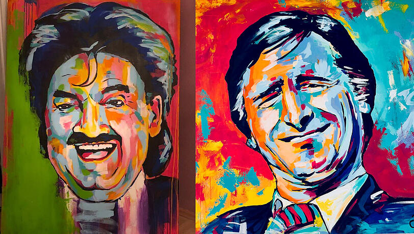 Rudolph Moshammer und der Monaco Franze als bunte Kunstwerke - gemalt von der Künstlerin Corinna Reisner.