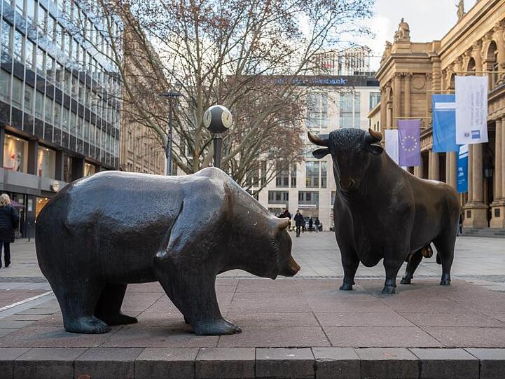 Die Skulpturengruppe "Bulle und Bär" vor der Frankfurter Börse.