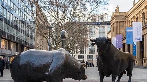 Die Skulpturengruppe "Bulle und Bär" vor der Frankfurter Börse.