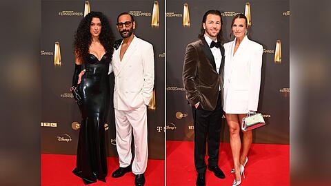 Rebecca Mir (l.) und Massimo Sinat&oacute; gl&auml;nzten in Schwarz und Wei&szlig; und Riccardo Basile und Laura Wontorra (r.) gaben ebenfalls einen sch&ouml;nen Kontrast ab.