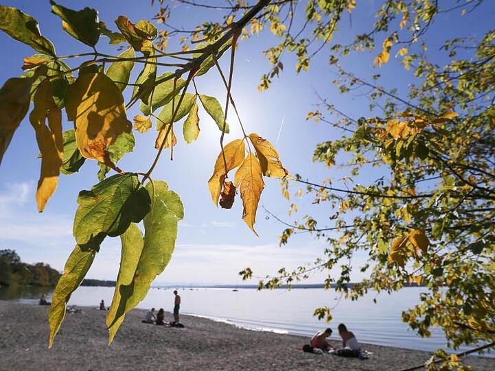 Ausflügler genießen am Ufer des Ammersees unter herbstlich gefärbten Bäumen den Sonnenschein.