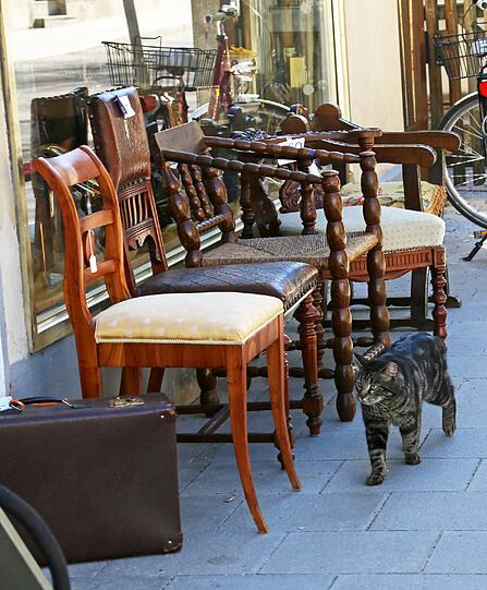 Durch die Straßen bummeln lohnt sich auch. Ein kleiner Laden in der Frauenbergstraße hat schon ein paar Stücke nach draußen gestellt.
