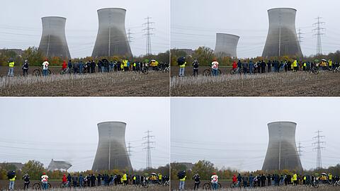 Bildkombo der Kühlturm-Sprengung in Gundremmingen.