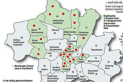 In den farbig gekennzeichneten Stadtbezirken gibt es jeweils mindestens einen muslimischen Verein. Sie sind durch die roten Punkte gekennzeichnet.