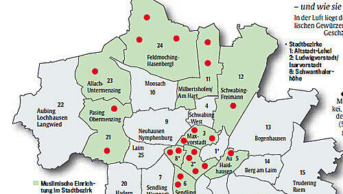 In den farbig gekennzeichneten Stadtbezirken gibt es jeweils mindestens einen muslimischen Verein. Sie sind durch die roten Punkte gekennzeichnet. In den farbig gekennzeichneten Stadtbezirken gibt es jeweils mindestens einen muslimischen Verein. Sie sind durch die roten Punkte gekennzeichnet.