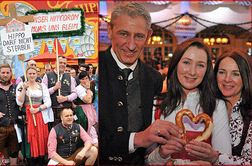 Gestern demonstrierten die Mitarbeiter des Hippodroms auf dem Frühlingsfest. Sie haben für den Erhalt des Traditionszelts gekämpft &mdash; und verloren. Rechts: Ein Herz für die Wiesn: Siegfried Able mit Tochter Verena und Ehefrau Sabine beim Starkbieranstich im Löwenbräukeller.