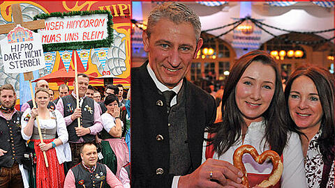Gestern demonstrierten die Mitarbeiter des Hippodroms auf dem Frühlingsfest. Sie haben für den Erhalt des Traditionszelts gekämpft &mdash; und verloren. Rechts: Ein Herz für die Wiesn: Siegfried Able mit Tochter Verena und Ehefrau Sabine beim Starkbieranstich im Löwenbräukeller.