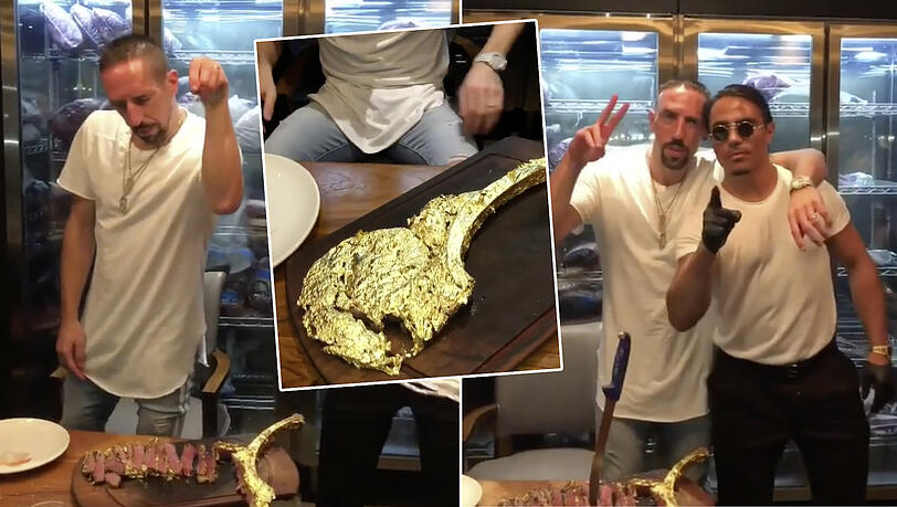 Franck Ribery zusammen mit seinem Kumpel "SaltBae" im Restaurant in Dubai. Das goldene Steak kostet 1.200 Euro. Franck Ribery zusammen mit seinem Kumpel "SaltBae" im Restaurant in Dubai. Das goldene Steak kostet 1.200 Euro.