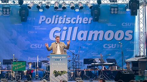 Markus Söder spricht auf dem Volksfest Gillamoos. Foto: Peter Kneffel/Archivbild