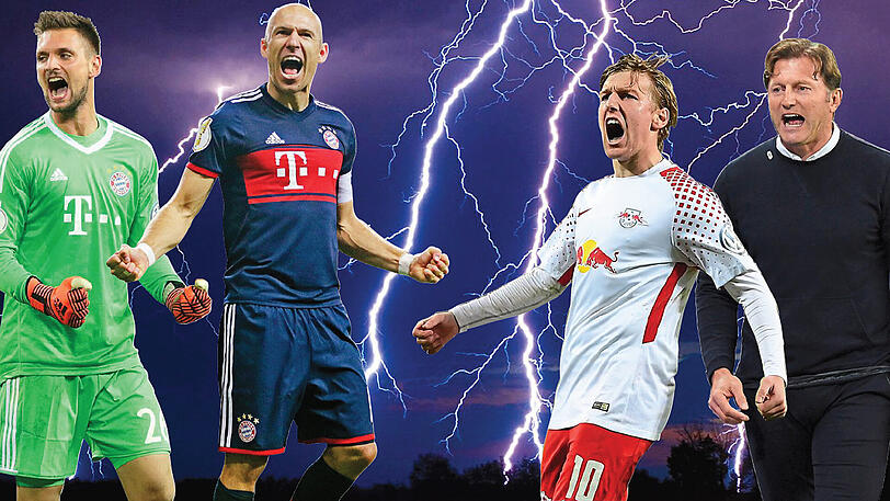 Aufgeladene Atmosphäre: Im Pokal ging es zwischen den Bayern um Keeper Sven Ulreich und Stürmer Arjen Robben und Leipzig mit Stürmer Emil Forsberg und Trainer Ralph Hasenhüttl (v.l.) hitzig her.