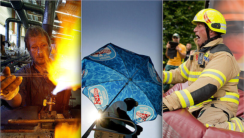 Bei der aktuellen Hitzewelle sind einige Berufe wirklich kein Zuckerschlecken. Feuerwehrmänner (r.) und Gläsbläser (l.) zum Beispiel haben es nicht leicht. Bei der aktuellen Hitzewelle sind einige Berufe wirklich kein Zuckerschlecken. Feuerwehrmänner (r.) und Gläsbläser (l.) zum Beispiel haben es nicht leicht.